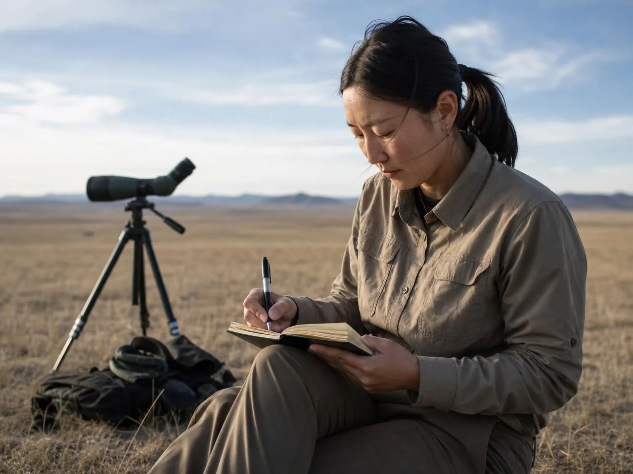 A researcher recording field observations in a notebook