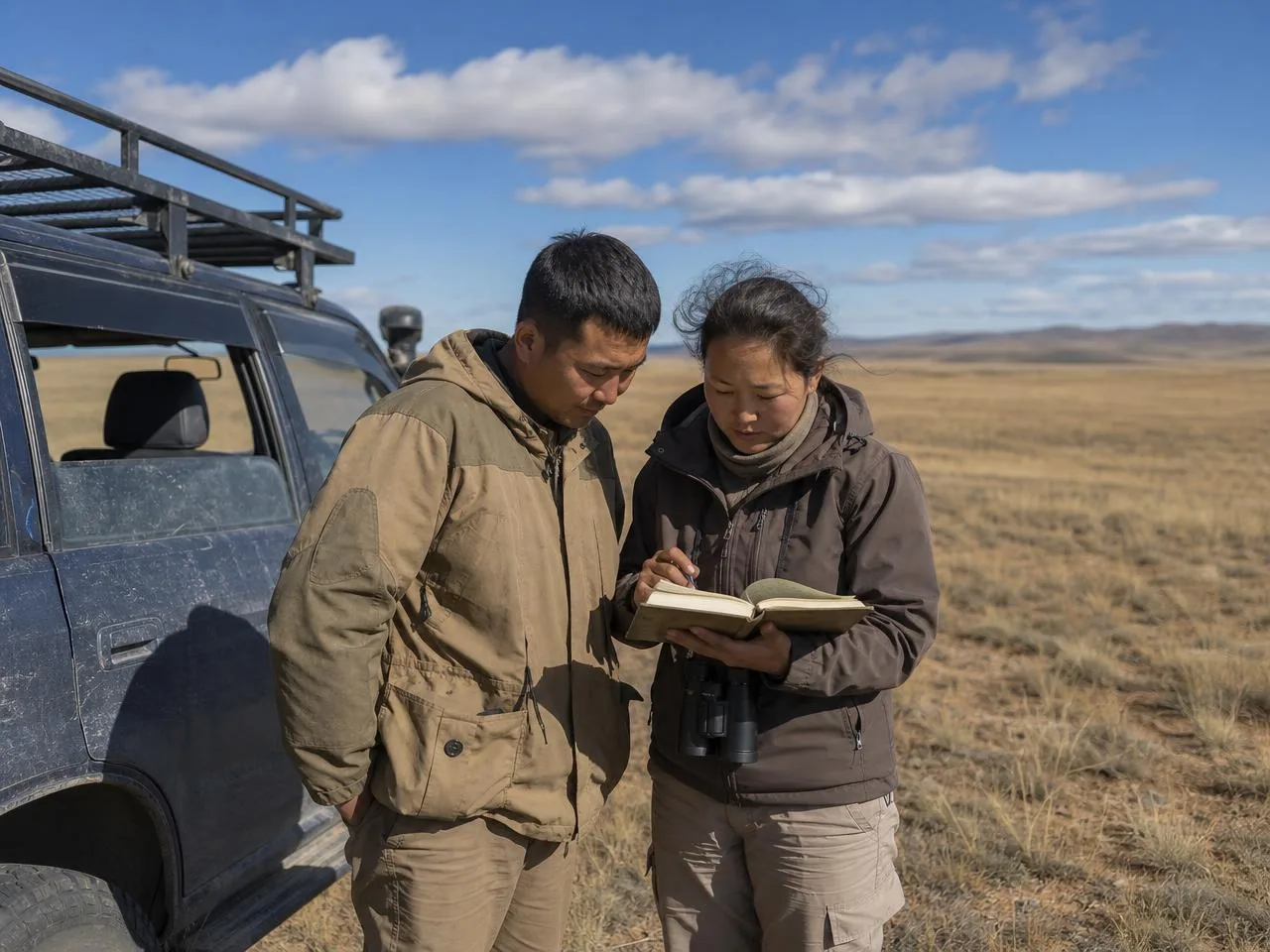 A ranger and a researcher reviewing field notes together