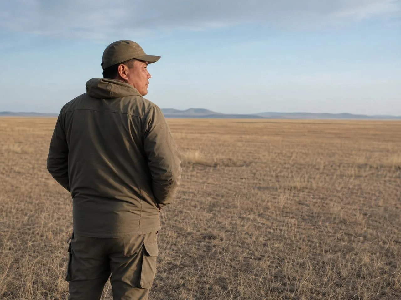 A ranger looking out across the steppe at dawn