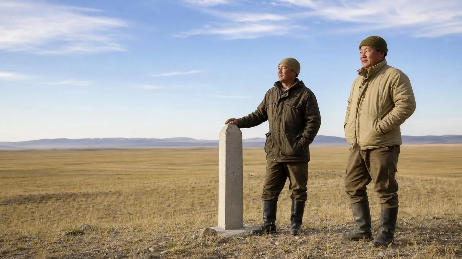 Rangers at a protected area boundary marker
