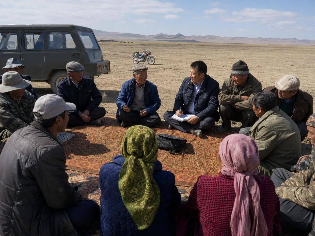 A community meeting held outdoors in a rural village