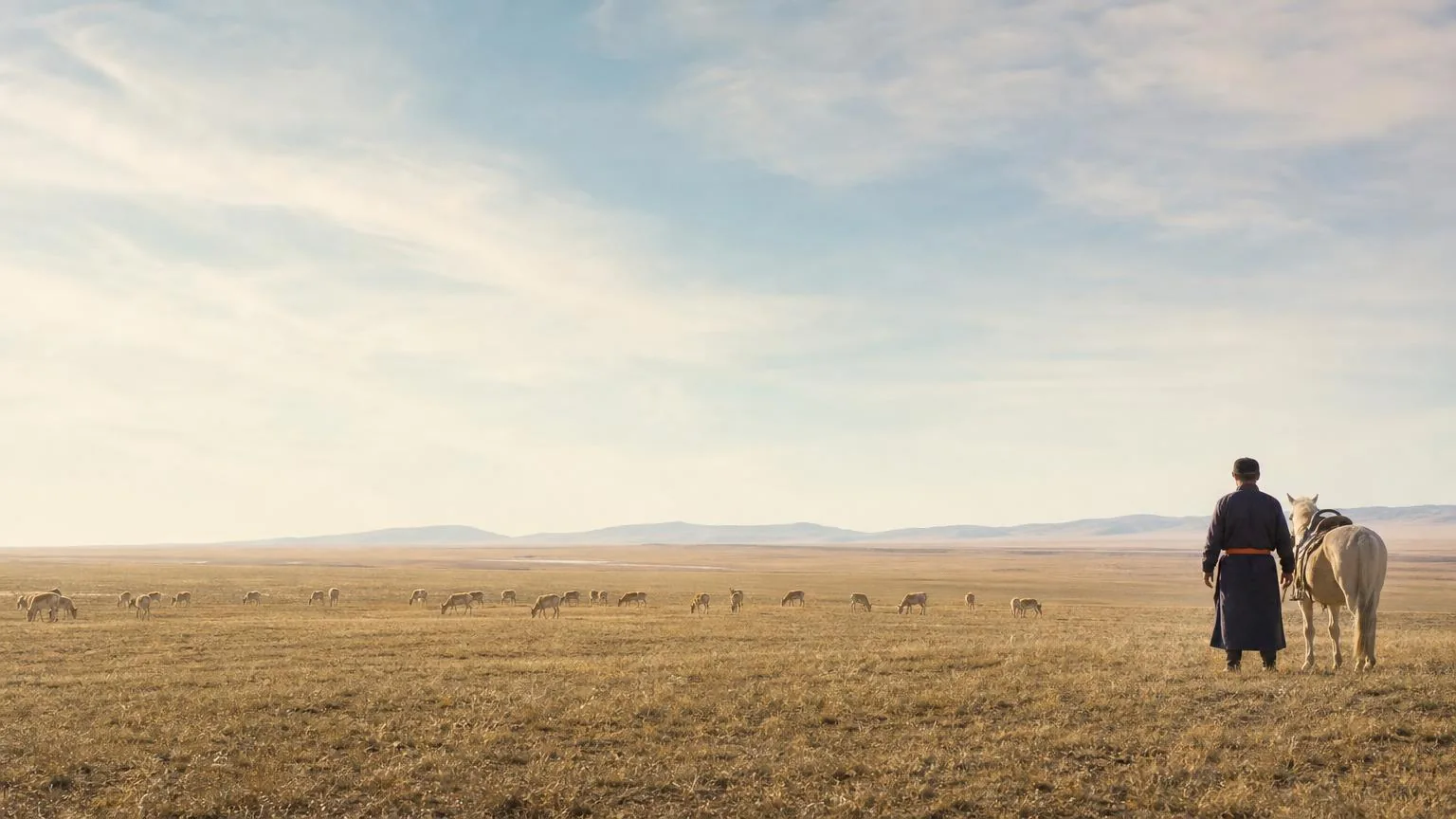 Wide steppe landscape with scattered saiga