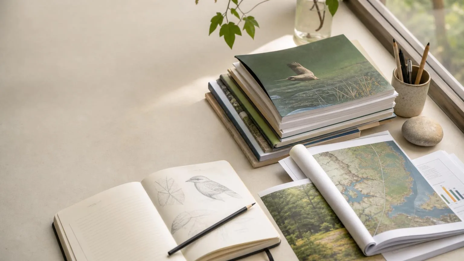 Reference material and field guides on a desk