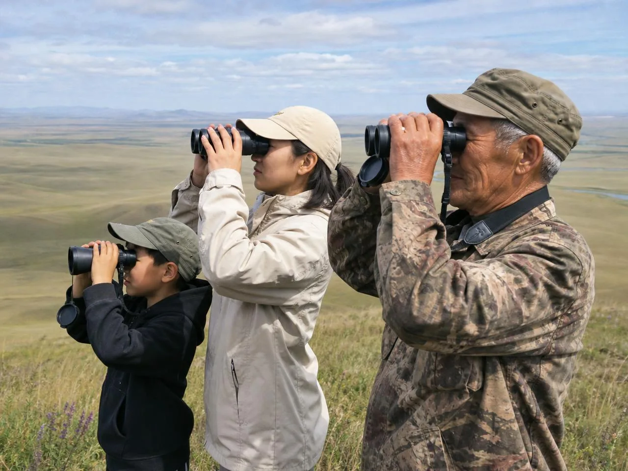 Field team members surveying the steppe together