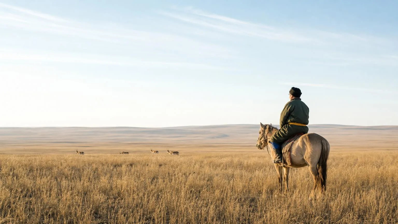 Open steppe landscape with distant saiga