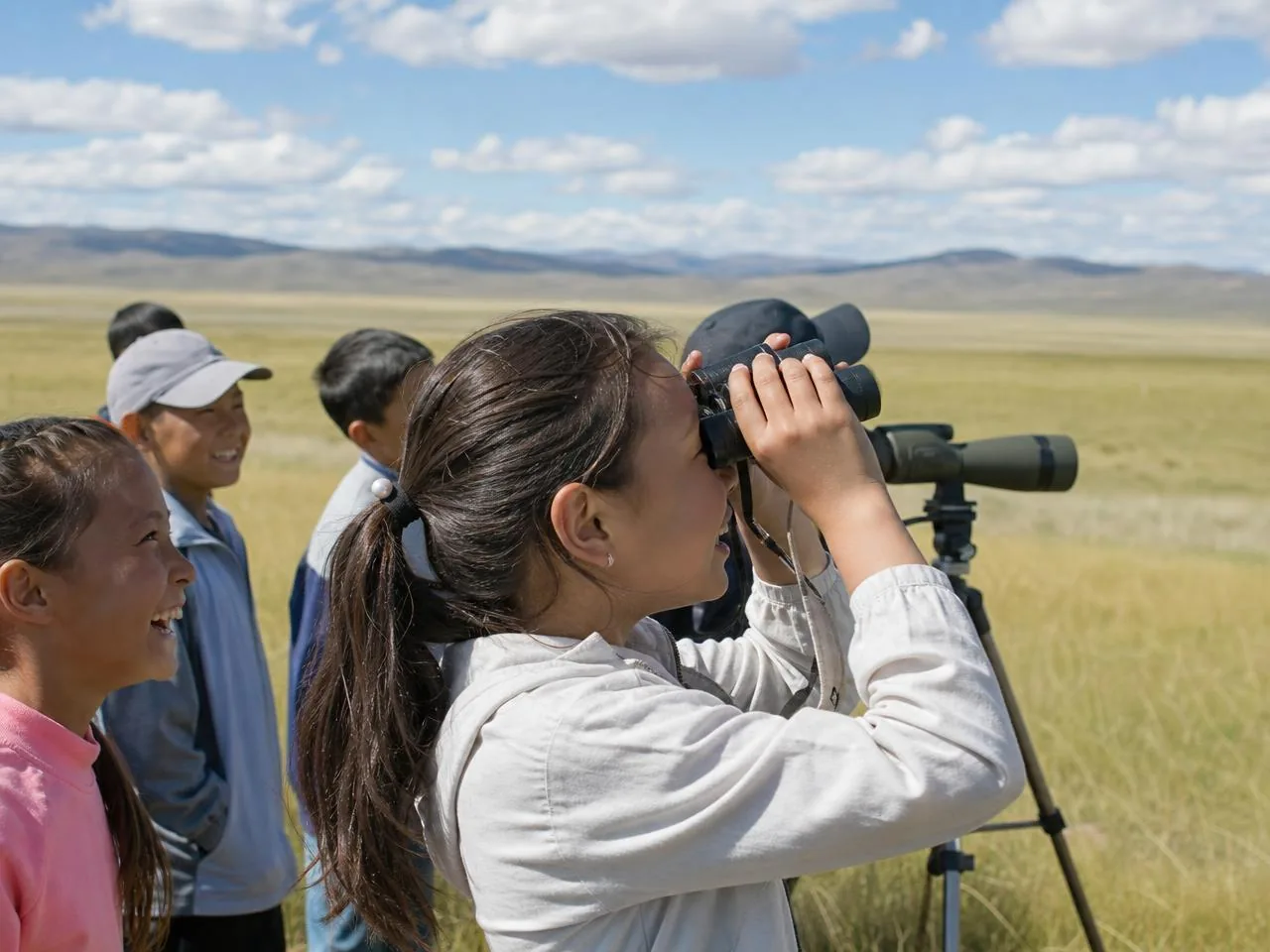 A child looking through binoculars during a field education session