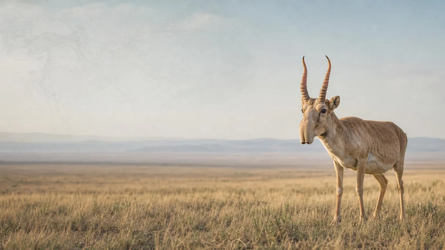Saiga on the steppe with the range-state landscape behind